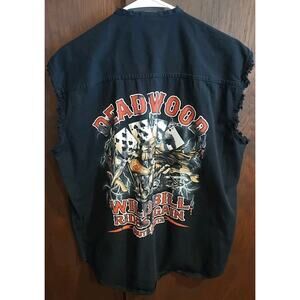 American Biker Image Black Denim Shirt Sleeveless Motorcycle Biker XL Deadwood